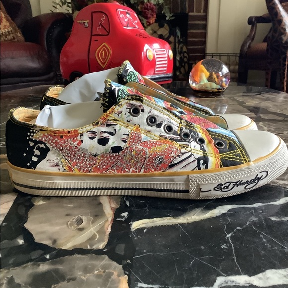 Vintage Y2K Ed Hardy skull koi fish black canvas low top crystal sneakers size 8 - Picture 1 of 9